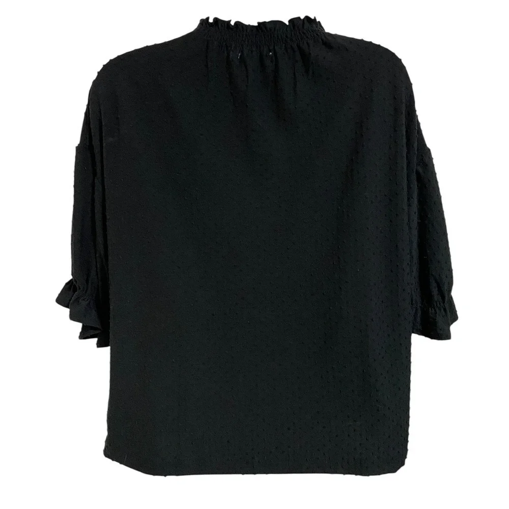 Madewell Clipdot Mock‎ Neck Ruffle Top Black Classic Blouse Short Sleeve Size XS